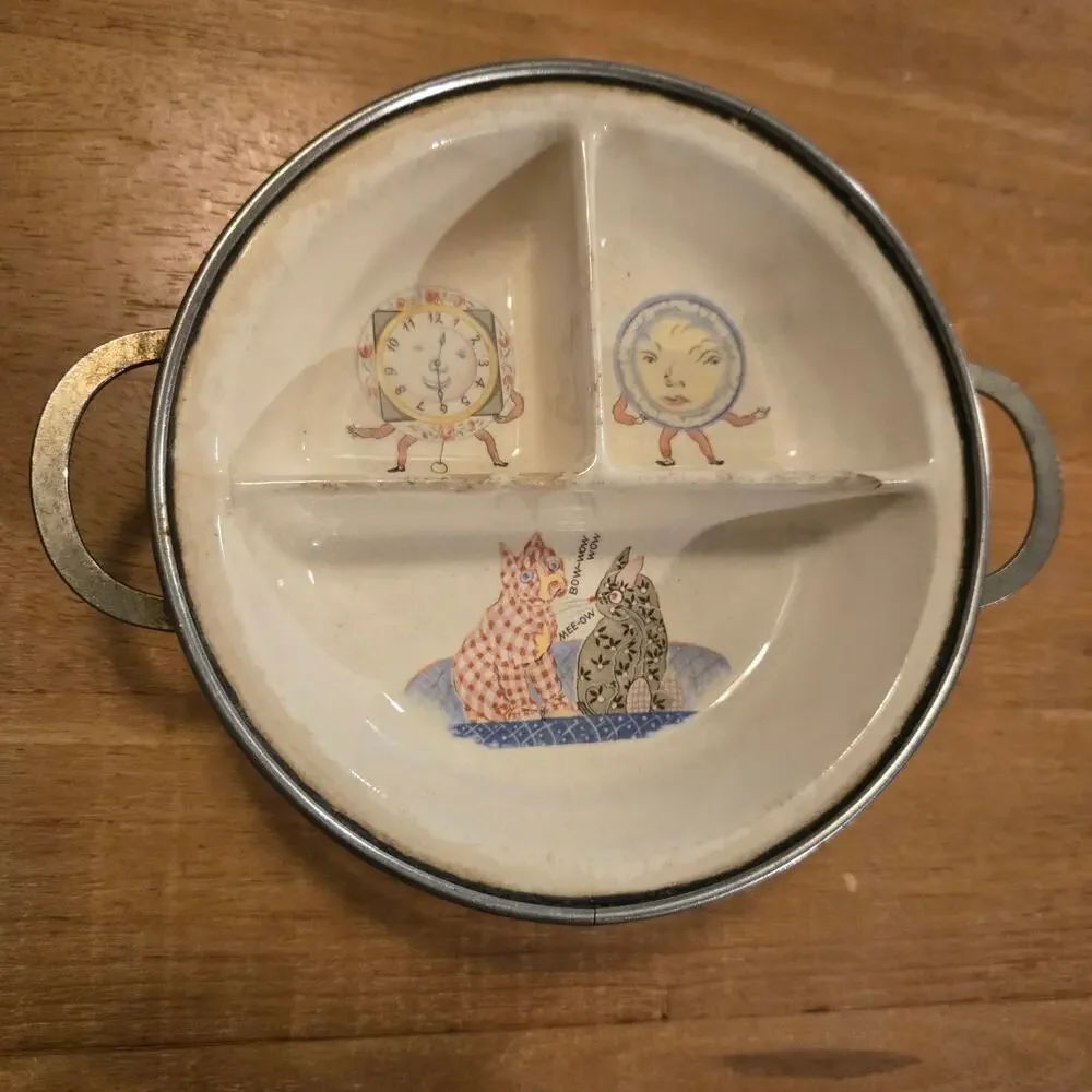 Vintage Excello Baby Food Warming Dish Cats Clocks Moon Divided Ceramic Plate
